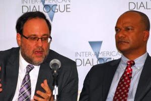 Peter Bunting, Jamaica’s national security minister, and Mark Golding, its minister of justice, discuss how their country is fighting lottery scams that fuel violent criminal groups. The two spoke during a Feb. 22 conference at Washington’s Inter-American Dialogue. (Credit: Larry Luxner)