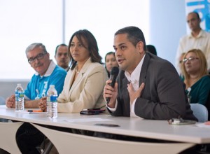 From left: Branch Manager Edwin Arroyo, Sandra Layer, vice president of collections, and Joselo Higuera, platform officer for branches and customer service speak during a news conference Thursday.