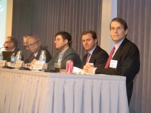 The EMTA sponsored a panel discussion by (from left) Joseph Rosenblum, of AllianceBernstein, Arturo Porzecanski, of American University, Charles Blitzer, of Blitzer Consulting, Aaaron Stern, of Fir Tree Partners, Matthew McGill, attorney with Gibson, Dunn & Crutcher, and David Hitchcock of S&P.