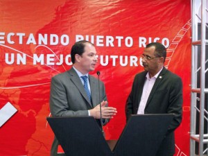 From left: Claro President Enrique Ortiz de Montellano and Yauco Mayor Abel Nazario, during a Monday news conference.