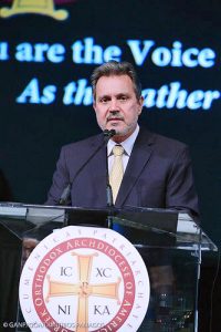 Haris Lalacos, Greece's new ambassador to the United States, addresses a Greek Orthodox church gathering in Nashville on July 7. (Photo courtesy Greek Embassy, Washington.)