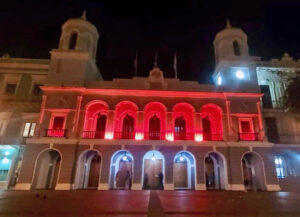 San Juan City Hall is among the government buildings illuminated in red for Red Cross Month.