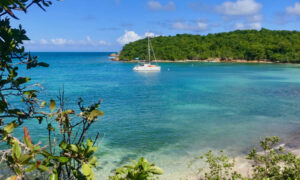 A catamaran sails near the coast of Fajardo.