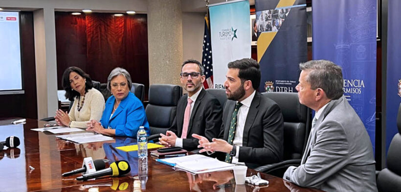 From left: Carmen Vega-Fournier, president of the Economic Development Bank; Nydza Irizarry-Algarín, secretary-designate of the Department of Labor; Norberto Almodóvar, deputy secretary of the Permits Management Office; Sebastián Negrón-Reichard, secretary of the Department of Economic Development and Commerce; and Eric Santiago-Justiniano, executive director of the Puerto Rico Industrial Development Co., meet with members of the press to discuss results of the first three months in office.