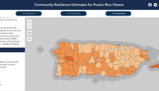 The Community Resilience Estimates Viewer shows social vulnerability by census tract in Puerto Rico in the event of a natural disaster.