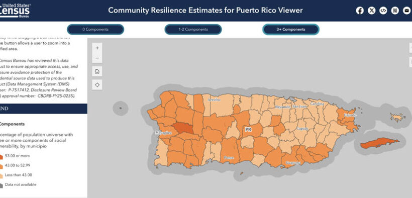 The Community Resilience Estimates Viewer shows social vulnerability by census tract in Puerto Rico in the event of a natural disaster.