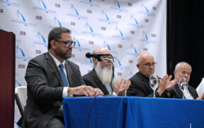 From left: José Antonio Frontera-Agenjo; Bishop Rubén Antonio González-Medina, grand chancellor of the Pontifical Catholic University of Puerto Rico and bishop of the Diocese of Ponce; Monsignor Ángel Luis Ríos-Matos, bishop of the Diocese of Mayagüez; and Monsignor Roberto González-Nieves, archbishop of the Archdiocese of San Juan.