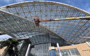 The maintenance project includes major upgrades to the skylight system, the Convention Center’s signature Wave structure and the roof’s waterproofing membrane.