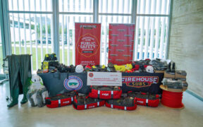 Specialized water rescue and emergency equipment valued at $31,182 is displayed during a handover event by the Firehouse Subs Public Safety Foundation to the Municipality of Juana Díaz’s Emergency Management Office.