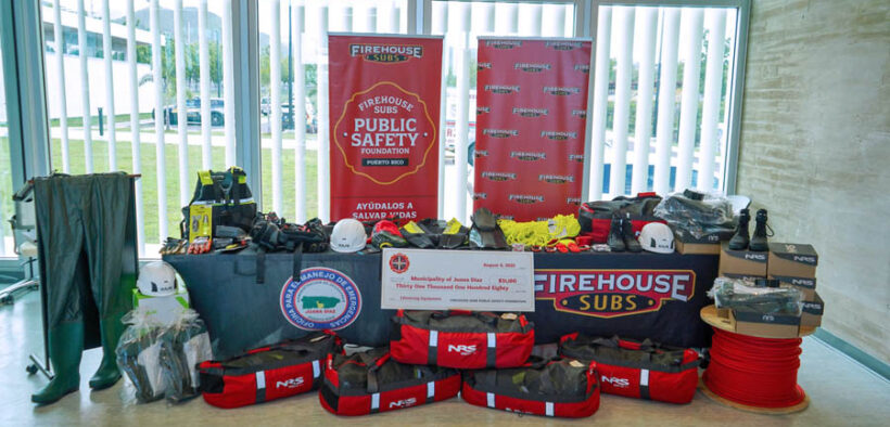 Specialized water rescue and emergency equipment valued at $31,182 is displayed during a handover event by the Firehouse Subs Public Safety Foundation to the Municipality of Juana Díaz’s Emergency Management Office.