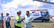 Ports Authority Executive Director Norberto Negrón (center) tours the security modernization project at Rafael Hernández International Airport in Aguadilla.