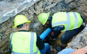 Workers carry out repairs on a water line in a photo provided by the Puerto Rico Aqueduct and Sewer Authority (PRASA) as part of an update on the gradual restoration of potable water service for customers of the Sergio Cuevas plant.
