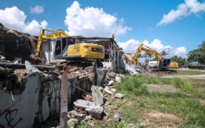 A deteriorated industrial building in the El Vigía Ward Industrial Park in Arecibo is being demolished by the Puerto Rico Industrial Development Company as part of its plan to clear 33 structures on the island for redevelopment. (Credit: PRIDCO)