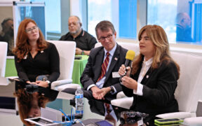 From left: Universidad del Sagrado Corazón (Sacred Heart University) officials Cassandra M. Vega-Rivera, President Gilberto J. Marxuach and Iris Nuñez-Tolentino speak during the announcement.
