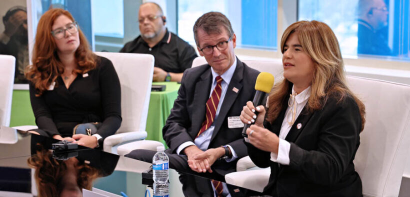 From left: Universidad del Sagrado Corazón (Sacred Heart University) officials Cassandra M. Vega-Rivera, President Gilberto J. Marxuach and Iris Nuñez-Tolentino speak during the announcement.
