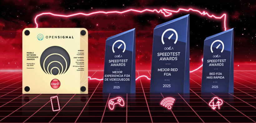 Claro Puerto Rico displays the 2025 awards from Ookla and Opensignal recognizing its performance in fastest fixed internet, best gaming experience and top mobile coverage on the island.