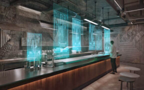 A bartender manages a futuristic bar using a holographic interface to streamline service in a modern, technology-driven establishment. (Credit: Justlight | Dreamstime.com)