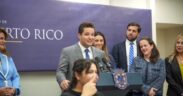 Puerto Rico Gov. Jenniffer González, left, and Felipe do Carmo, head of public sector for Central America and the Caribbean at Amazon Web Services, announce the free tech training agreement during a press conference at La Fortaleza.