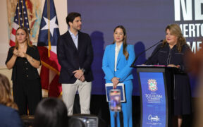 From right, Gov. Jenniffer González; Willianette Robles, executive director of the Puerto Rico Tourism Co.; and Julio Cabral, founder of Grupo DRDG, announce the return of the NBA preseason to Puerto Rico and the island’s hosting of the 2026 FIBA Women’s Basketball World Cup qualifying tournament.
