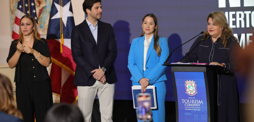 From right, Gov. Jenniffer González; Willianette Robles, executive director of the Puerto Rico Tourism Co.; and Julio Cabral, founder of Grupo DRDG, announce the return of the NBA preseason to Puerto Rico and the island’s hosting of the 2026 FIBA Women’s Basketball World Cup qualifying tournament.