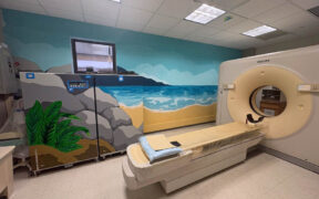 A coastal-themed mural with blue tones, rocks and plants was painted in the Imaging Center at Puerto Rico Children’s Hospital in Bayamón to create a calming environment for pediatric patients.
