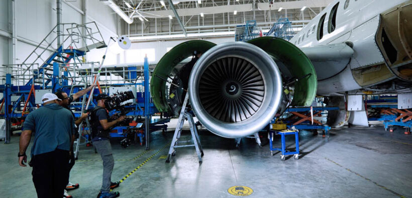 InvestPR’s production crew works on the next phase of its institutional campaign at the Lufthansa Technik base maintenance site in Puerto Rico.