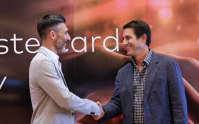 From left, Diego Szteinhendler, senior vice president for fintechs and digital partners at Mastercard Latin America and the Caribbean, and Mike Vizcarrondo, chief product and innovation officer at Evertec, attend Mastercard Day Puerto Rico at the Condado Vanderbilt Hotel in San Juan.