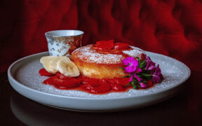 Pankēki with fruit compote is one of the featured dishes on Furtivo Speakeasy’s new Japanese brunch menu.