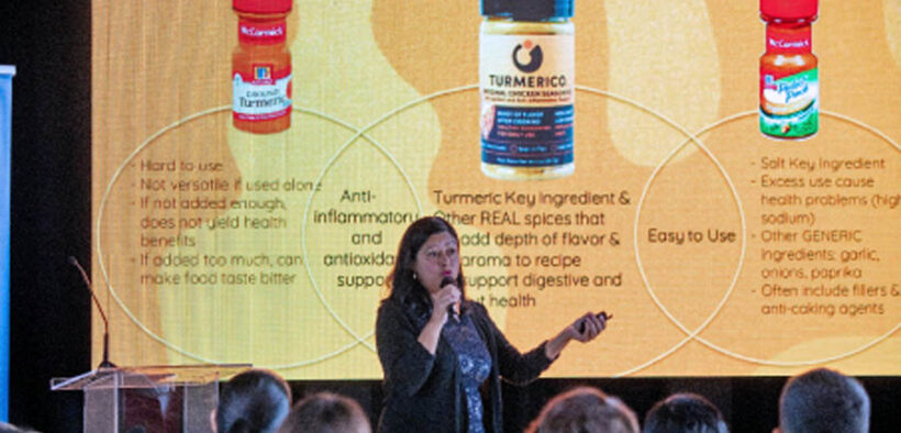Rupa Sharma, co-founder of Turmerico, pitches to investors during the Unlock Capital Investor Showcase at the Puerto Rico Science Trust’s Forward Center.