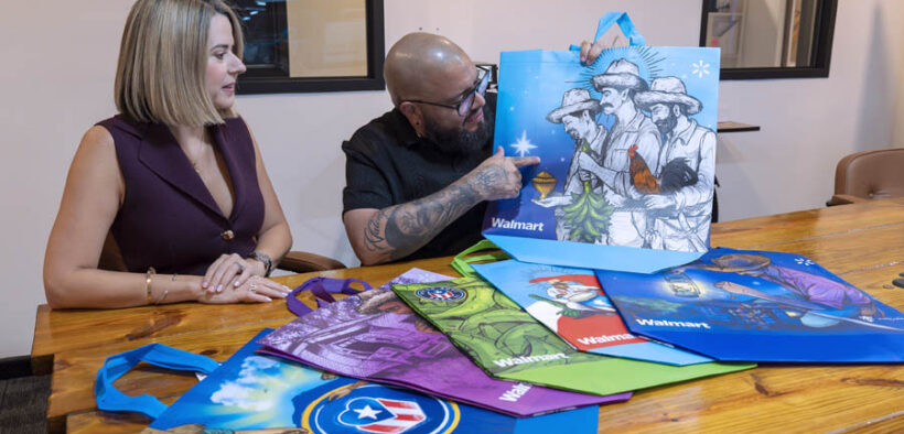 From left: Coral Cummings, director of government relations and public affairs for Walmart Puerto Rico, and artist Waldemar Lozada.
