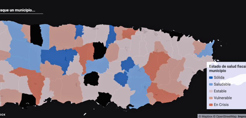 A map from ABRE Puerto Rico’s 2023 Municipal Fiscal Health Index shows the fiscal status of the island’s municipalities, with many classified as “Solid” or “Healthy” and only a few “In Crisis,” reflecting overall improvement in local finances.