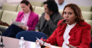 United Retailers Association (CUD) legal representative Agnes Martínez testifies during a House Consumer Affairs Committee hearing on a bill that would ban minimum purchase requirements for card payments in Puerto Rico.