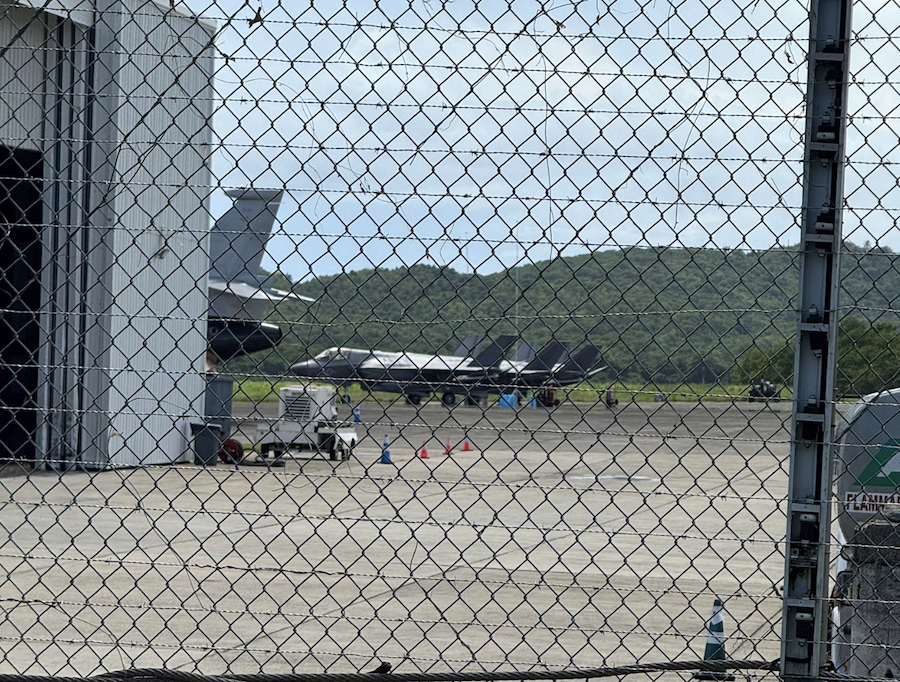 Three F-35 fighter aircraft are seen on the tarmac at José Aponte de la Torre Airport, on the grounds of the former Roosevelt Roads Naval Station in Ceiba. The aircraft are part of recent Pentagon operations in Puerto Rico linked to counter-drug and regional defense activities. (Credit: News is my Business)