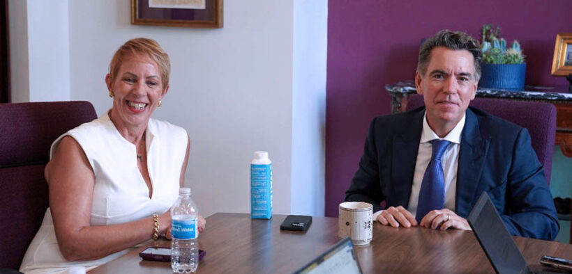 From left, Bravo Family Foundation CEO Blanca Santos and Puerto Rican investor and philanthropist Orlando Bravo speak with members of the island’s press.