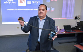 Wilfredo Pereira, FirstNet Caribbean Territories manager, demonstrates FirstNet’s Mission Critical Push-to-Talk technology.