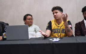 From left: Nildy Chapman-Sánchez of Louisiana State University and Inarú de la Fuente-Díaz of Sombrilla Cuir and the University of New Mexico participate in a panel on Bad Bunny’s newest album at the National Communication Association’s annual convention in Denver.