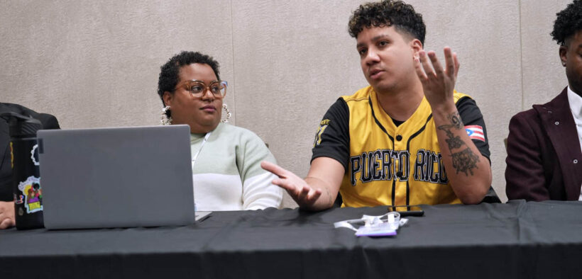 From left: Nildy Chapman-Sánchez of Louisiana State University and Inarú de la Fuente-Díaz of Sombrilla Cuir and the University of New Mexico participate in a panel on Bad Bunny’s newest album at the National Communication Association’s annual convention in Denver.