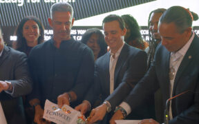 From left: Juan C. Santaella, executive director of the Puerto Rico Gaming Commission; former Yankees player Jorge Posada; Andro Nodarse-León; and Rodney Butler cut the ribbon for the new DraftKings sportsbook at Foxwoods El San Juan Casino.