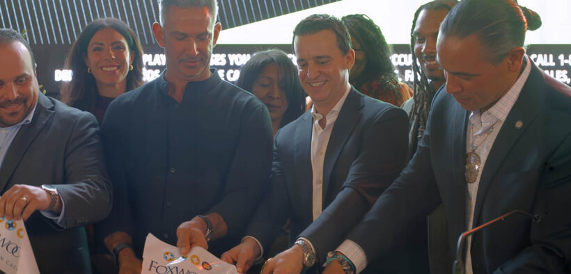 From left: Juan C. Santaella, executive director of the Puerto Rico Gaming Commission; former Yankees player Jorge Posada; Andro Nodarse-León; and Rodney Butler cut the ribbon for the new DraftKings sportsbook at Foxwoods El San Juan Casino.