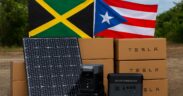 Solar equipment donated by Puerto Rico’s renewable energy sector awaits shipment to Jamaica as part of relief efforts following Hurricane Melissa’s devastation. (Image generated by ChatGPT)