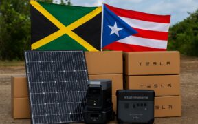 Solar equipment donated by Puerto Rico’s renewable energy sector awaits shipment to Jamaica as part of relief efforts following Hurricane Melissa’s devastation. (Image generated by ChatGPT)