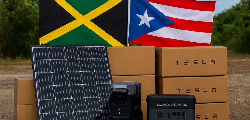 Solar equipment donated by Puerto Rico’s renewable energy sector awaits shipment to Jamaica as part of relief efforts following Hurricane Melissa’s devastation. (Image generated by ChatGPT)
