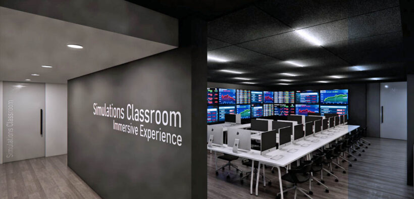 The new School of Business includes conference rooms, shared work areas, digital displays and spaces designed for academic and professional collaboration.