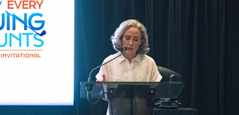 Yadira Valdivia, executive director of the Liberty Foundation, speaks during the organization’s 28th annual Golf Invitational Tournament in Río Grande.