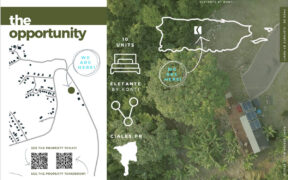 An aerial view of the Ciales site where the Elefante Eco-Lodge is planned, featuring off-grid systems and modular structures the developers say are designed for climate resilience.
