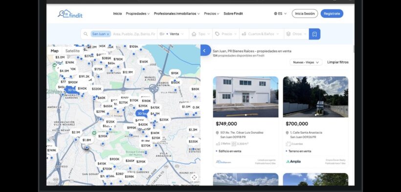 A screen view of FinditPR shows property listings and an interactive map used by buyers and renters searching for real estate in Puerto Rico.