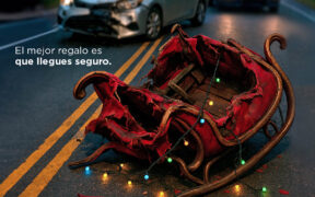 An image from Triple-S’ Christmas road-safety campaign shows a damaged car and a broken sleigh, representing the risks of drunk driving during the holiday season in Puerto Rico.