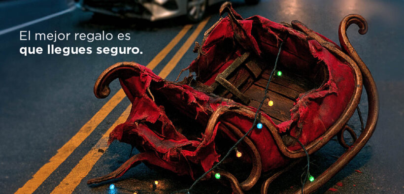 An image from Triple-S’ Christmas road-safety campaign shows a damaged car and a broken sleigh, representing the risks of drunk driving during the holiday season in Puerto Rico.