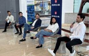 David Geeter, left, moderates a panel discussion with program participants during the Angel Investor Insights Series event in San Juan.