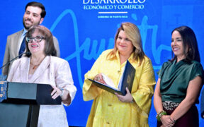 Among those present at the announcement were, from left, Sebastián Negrón-Reichard, secretary of Puerto Rico’s Department of Economic Development and Commerce; Lucy Crespo, CEO of the Puerto Rico Science, Technology and Research Trust; and Gov. Jenniffer González, who announced a $9.5 million allocation to support research, innovation and entrepreneurship in Puerto Rico.